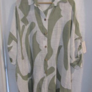 New Ladies Sage White Swirl Button Up Cheesecloth Shirt One Size fits sizes 18 20 22