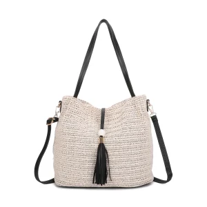 New Ladies Beige with Black Straw Woven Sack Bag