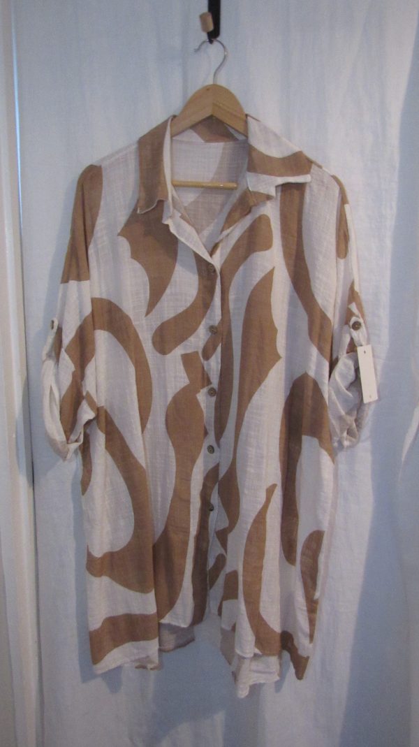 New Ladies Mocha White Swirl Button Up Cheesecloth Shirt One Size fits sizes 18 20 22