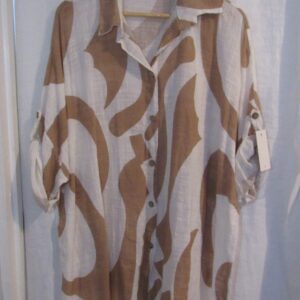 New Ladies Mocha White Swirl Button Up Cheesecloth Shirt One Size fits sizes 18 20 22