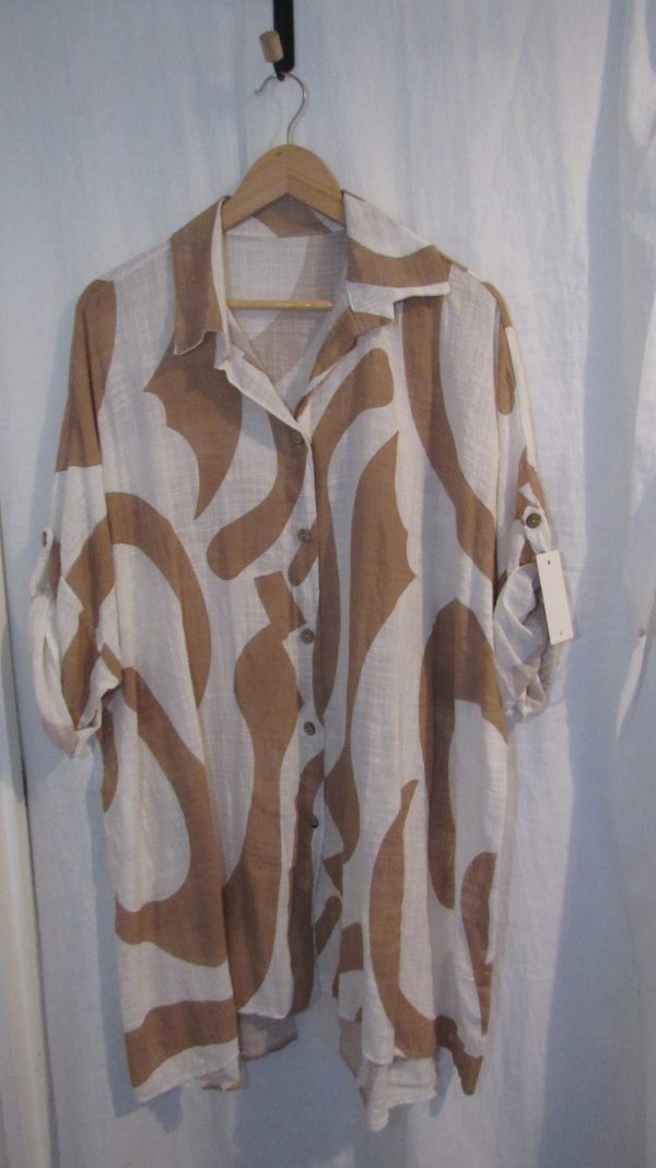 New Ladies Mocha White Swirl Button Up Cheesecloth Shirt One Size fits sizes 18 20 22 - Image 4