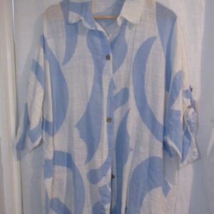 New Ladies Pale Blue White Swirl Button Up Cheesecloth Shirt One Size fits sizes 18 20 22