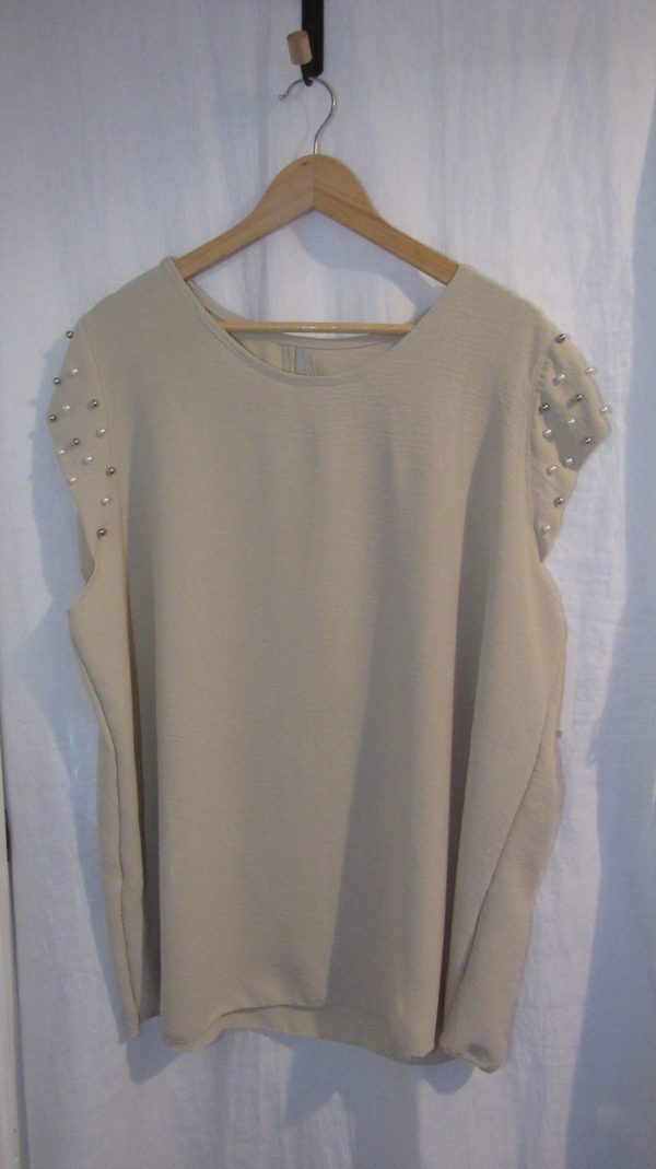 New Ladies Beige Pearls on the sleeves Tunic Top One Size fits sizes 16 18 20 22