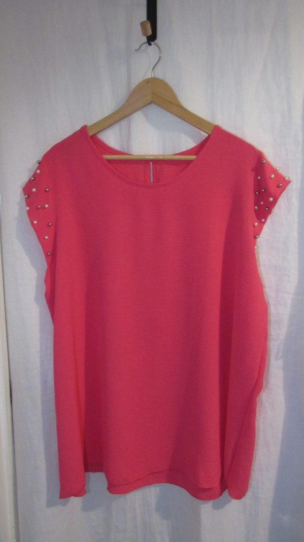 New Ladies Cerise Pink Pearls on the sleeves Tunic Top One Size fits sizes 16 18 20 22