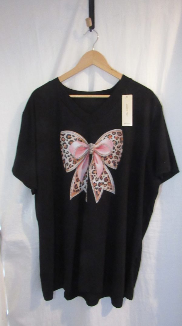 New Ladies Women Black Bow V Neck T-shirt One Size Fits 18 20 22