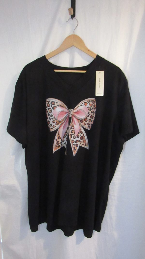 New Ladies Women Black Bow V Neck T-shirt One Size Fits 18 20 22 - Image 2