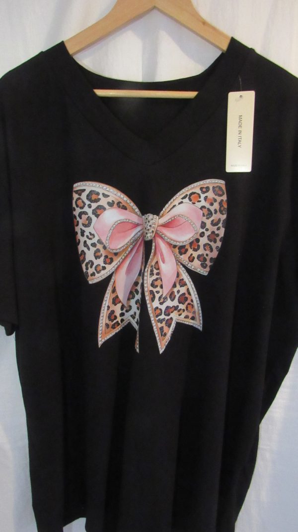 New Ladies Women Black Bow V Neck T-shirt One Size Fits 18 20 22 - Image 3