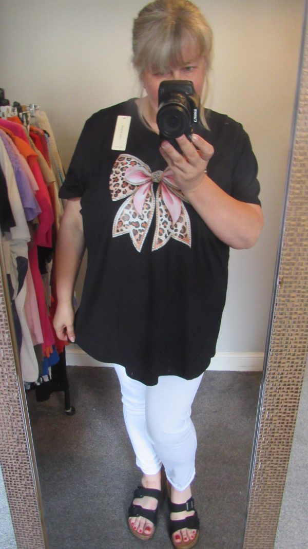 New Ladies Women Black Bow V Neck T-shirt One Size Fits 18 20 22 - Image 5
