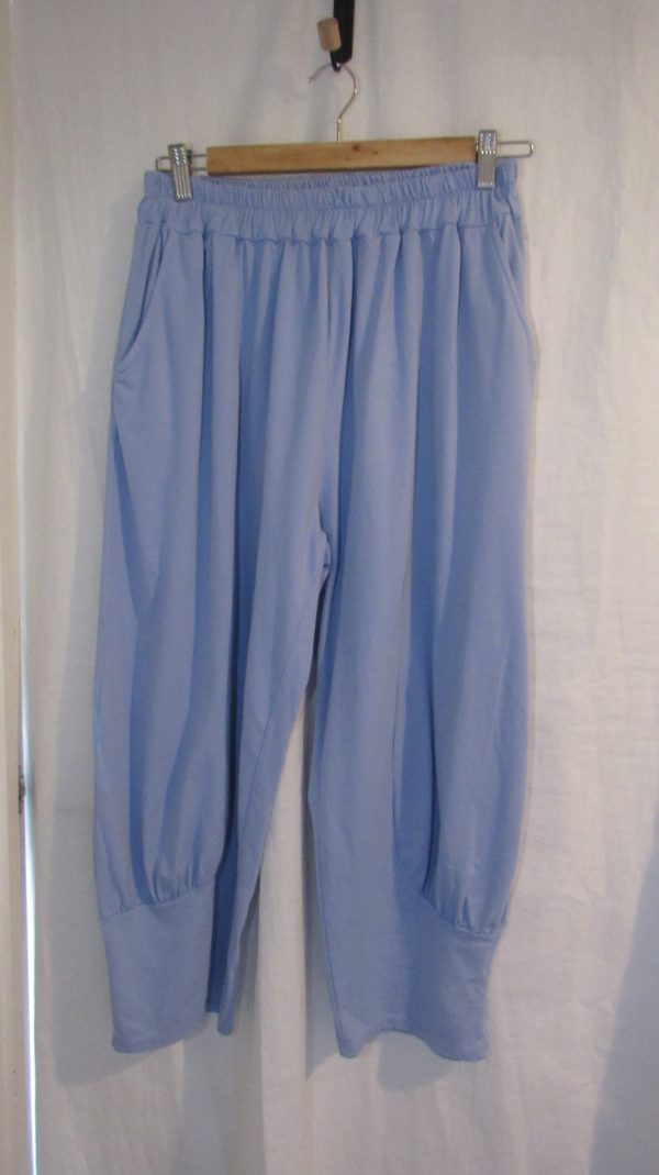 NEW Ladies Womens Sky Blue Jersey 3/4 Length cuff bottom Trousers One size fits sizes 16 18 20 22