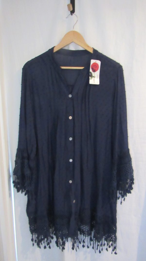 New Ladies Navy BLue Tassel Button Up Blouse One Size fits sizes 16 18 20 22