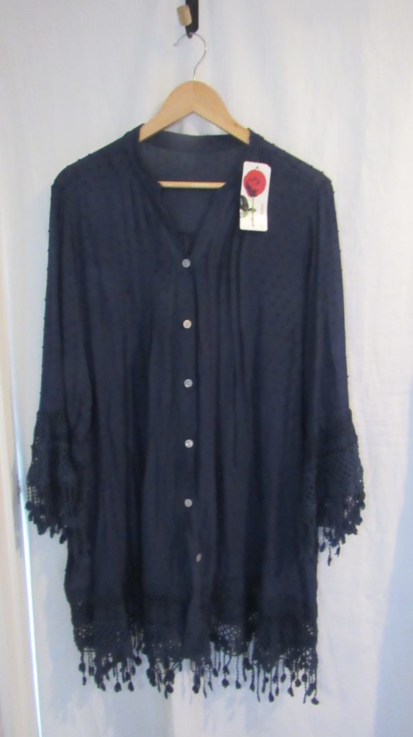 New Ladies Navy BLue Tassel Button Up Blouse One Size fits sizes 16 18 20 22 - Image 2