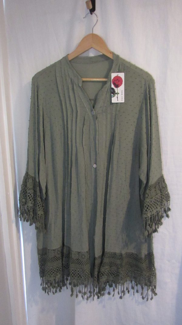New Ladies Khaki Tassel Button Up Blouse One Size fits sizes 16 18 20 22