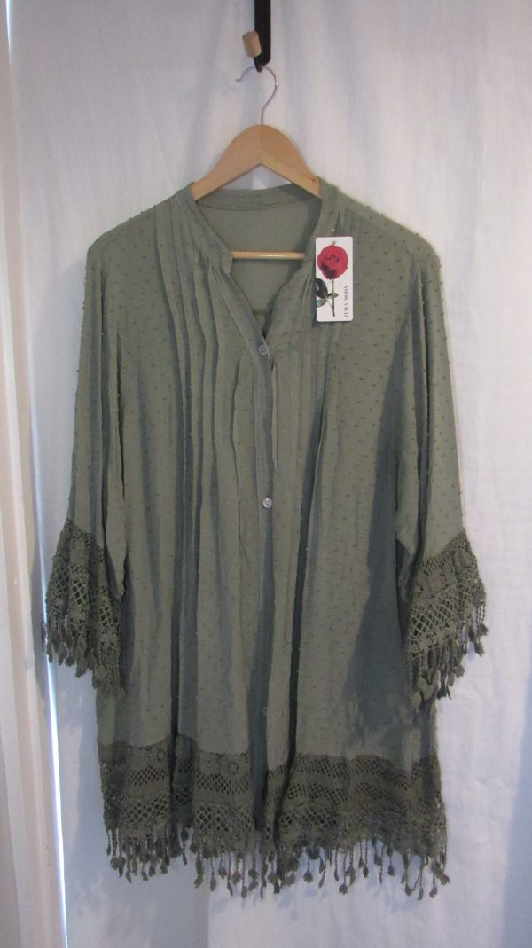 New Ladies Khaki Tassel Button Up Blouse One Size fits sizes 16 18 20 22 - Image 2