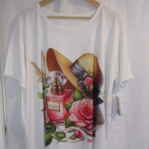 SALE SALE SALE New Ladies White Perfume Print T-shirt One Size fits sizes 16 18 20 22 NON RETURNABLE