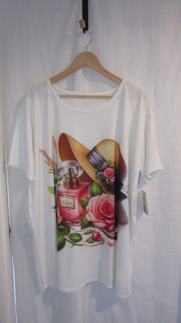 New Ladies White Perfume Print T-shirt One Size fits sizes 16 18 20 22 - Image 2