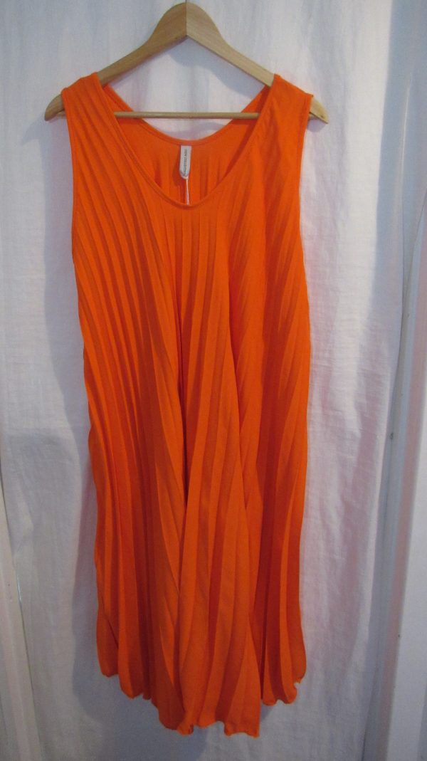 New Ladies Orange Pleated Sleeveless Swing Dress One Size fits sizes 18 20 22 24 - Image 2