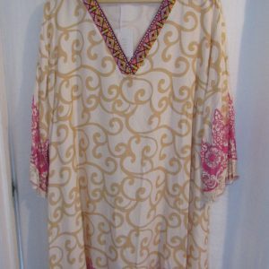 NEW Ladies Beige Pattern V Neck Dress One size fits sizes 16 18 20 22 NON RETURNABLE