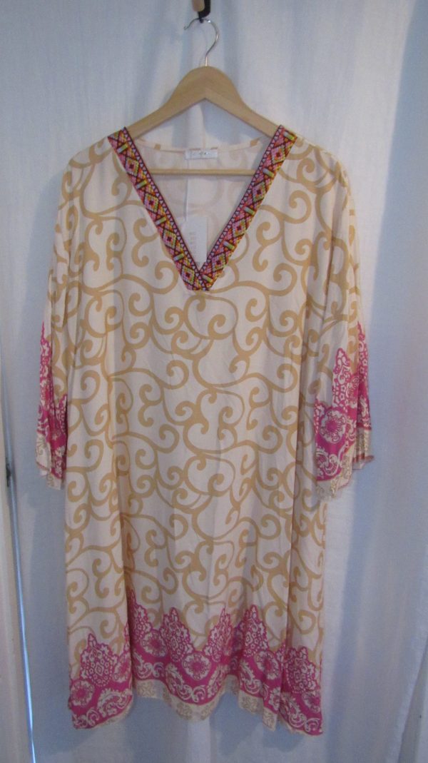NEW Ladies Beige Pattern V Neck Dress One size fits sizes 16 18 20 22 NON RETURNABLE - Image 5