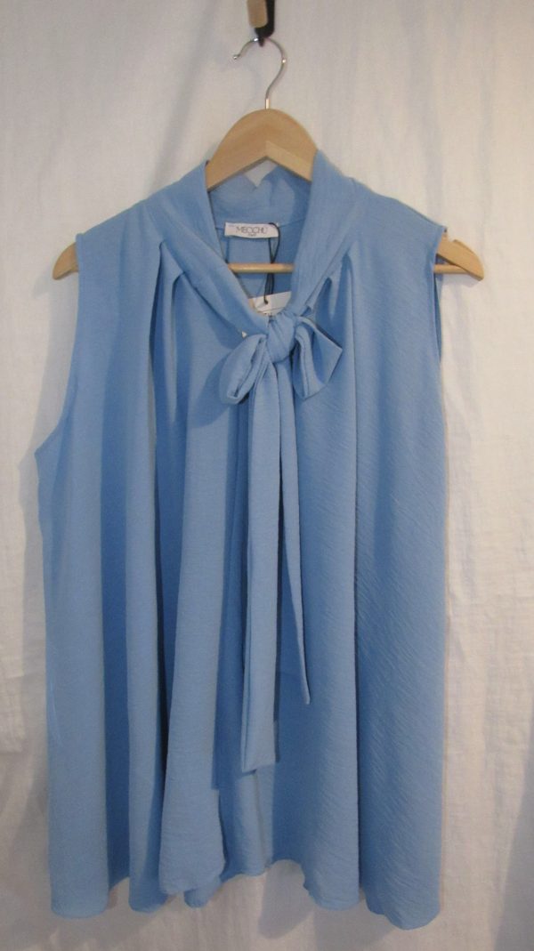 New Pale Blue Sleeveless Pussy Bow Swing Top One Size fits sizes 16 18 20 22