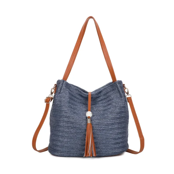 New Ladies Blue Straw Woven Sack Bag