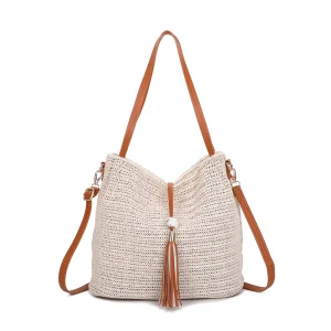 New Ladies Beige with Brown Straw Woven Sack Bag