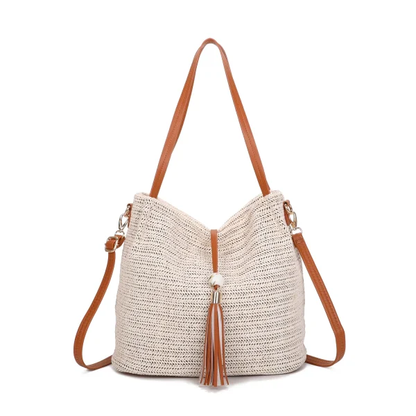 New Ladies Beige with Brown Straw Woven Sack Bag