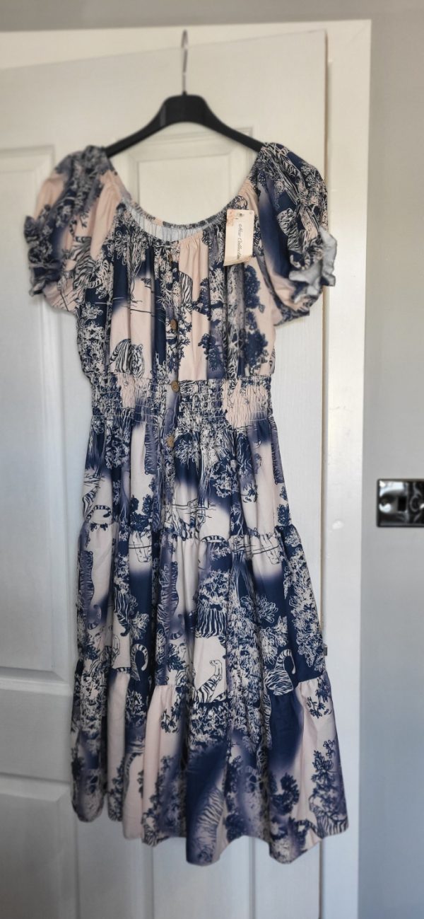 New Ladies Navy Blue Animal Print Tiered Dress One Size fits sizes 14 16 18 20