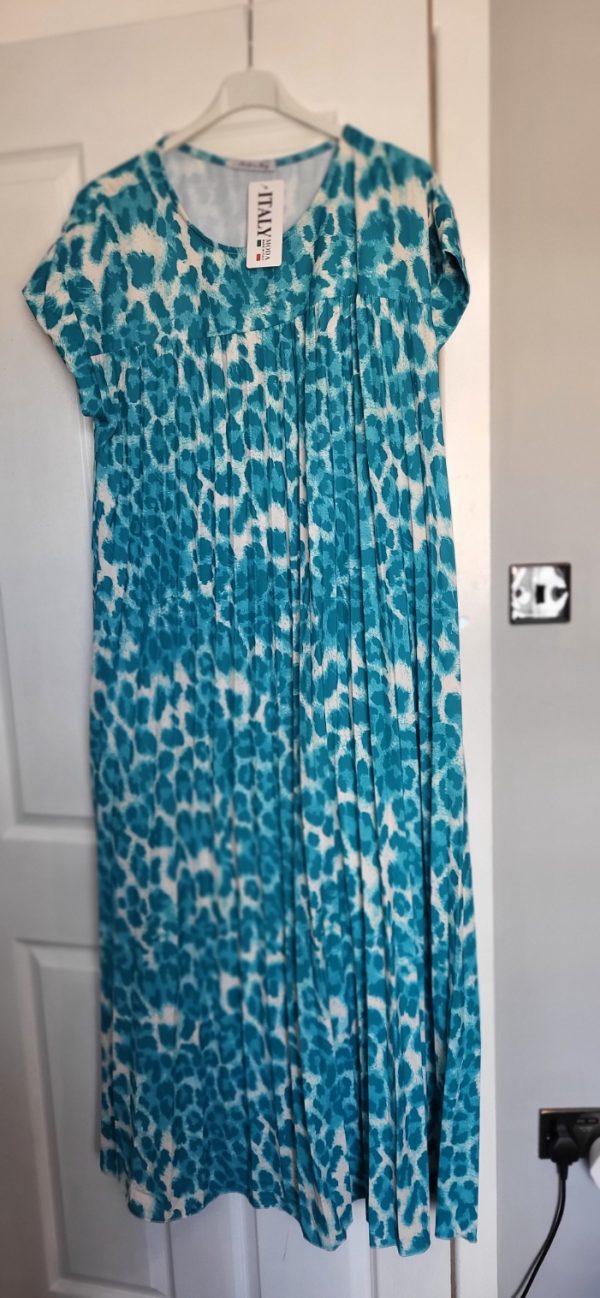 New Ladies Aqua Leopard Print Pleated Maxi Dress One Size fits sizes 14 16 18 20