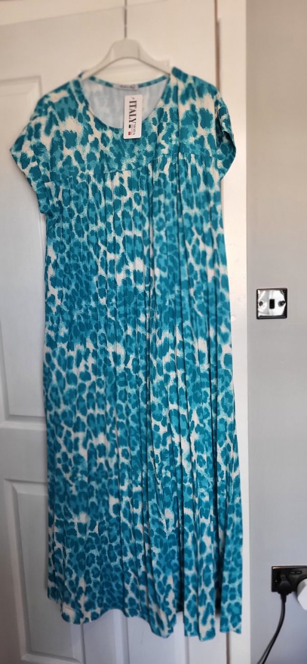 New Ladies Aqua Leopard Print Pleated Maxi Dress One Size fits sizes 14 16 18 20 - Image 2