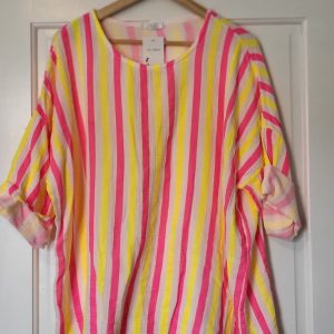 New Ladies Yellow Pink Neon Stripe Tunic Top One Size fits sizes 16 18 20 22