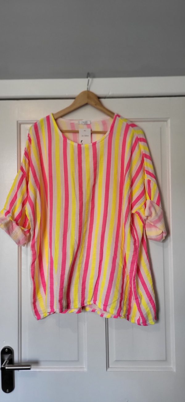 New Ladies Yellow Pink Neon Stripe Tunic Top One Size fits sizes 16 18 20 22