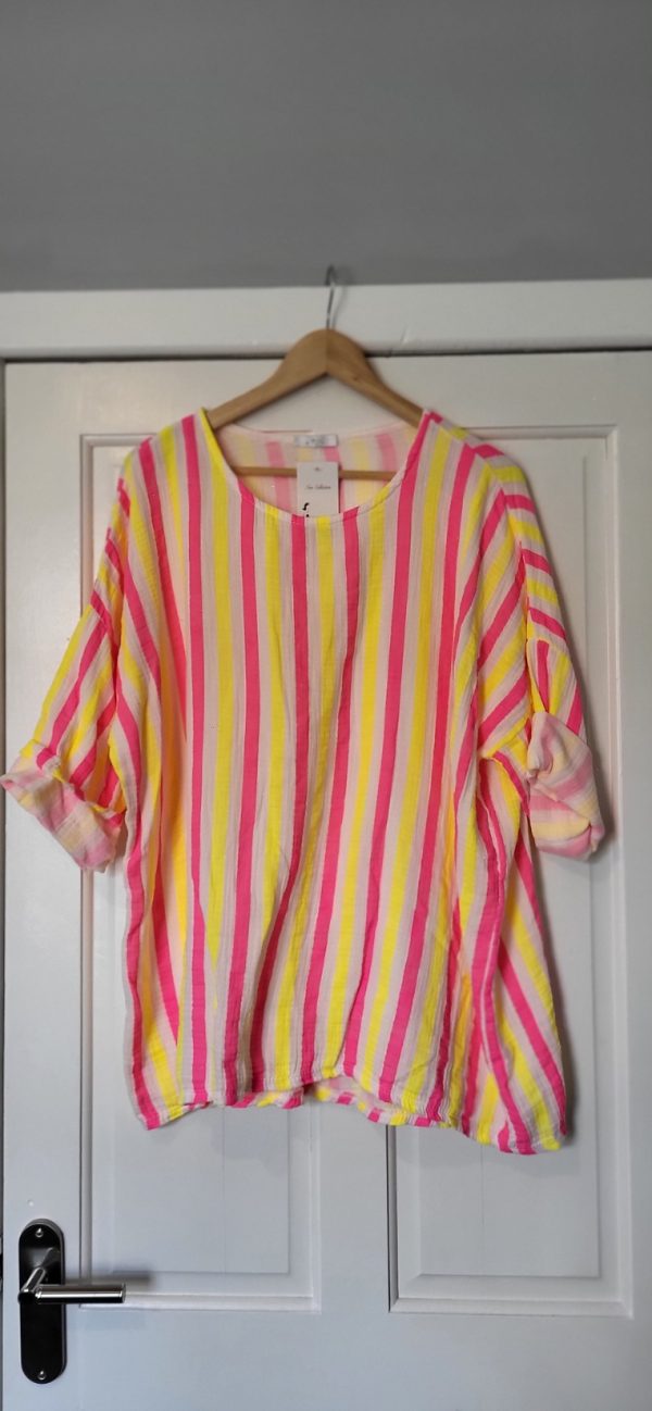 New Ladies Yellow Pink Neon Stripe Tunic Top One Size fits sizes 16 18 20 22 - Image 2
