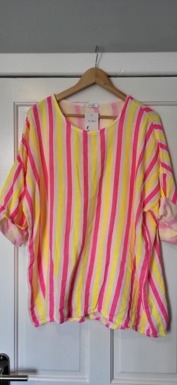 New Ladies Yellow Pink Neon Stripe Tunic Top One Size fits sizes 16 18 20 22 - Image 3