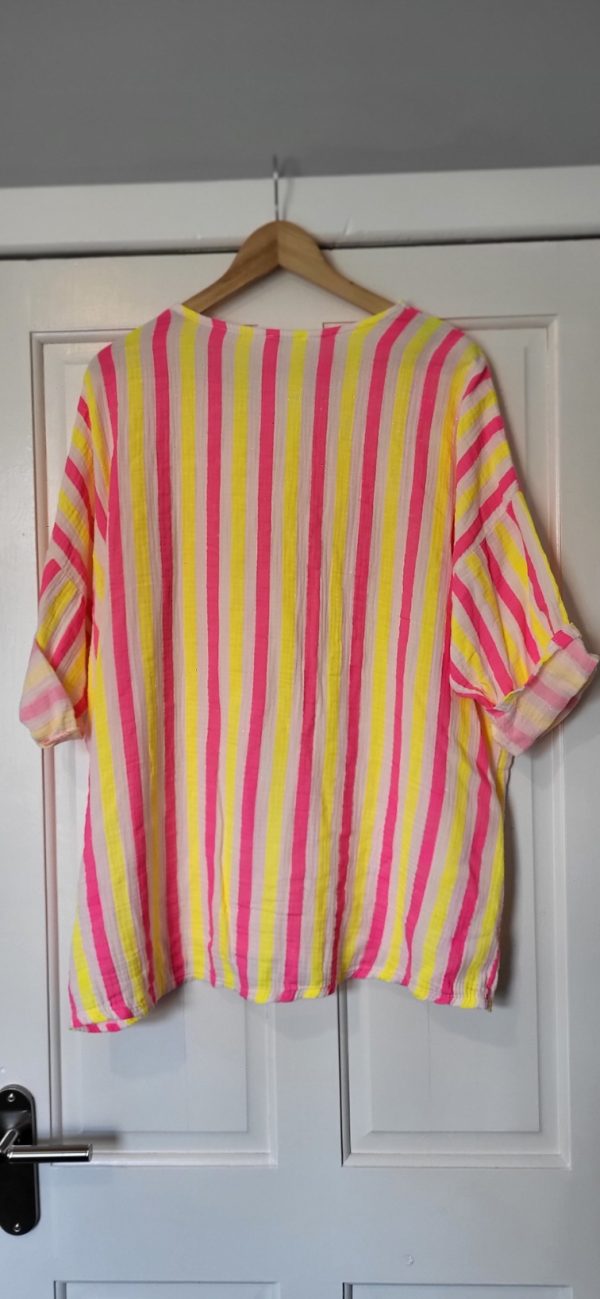 New Ladies Yellow Pink Neon Stripe Tunic Top One Size fits sizes 16 18 20 22 - Image 4