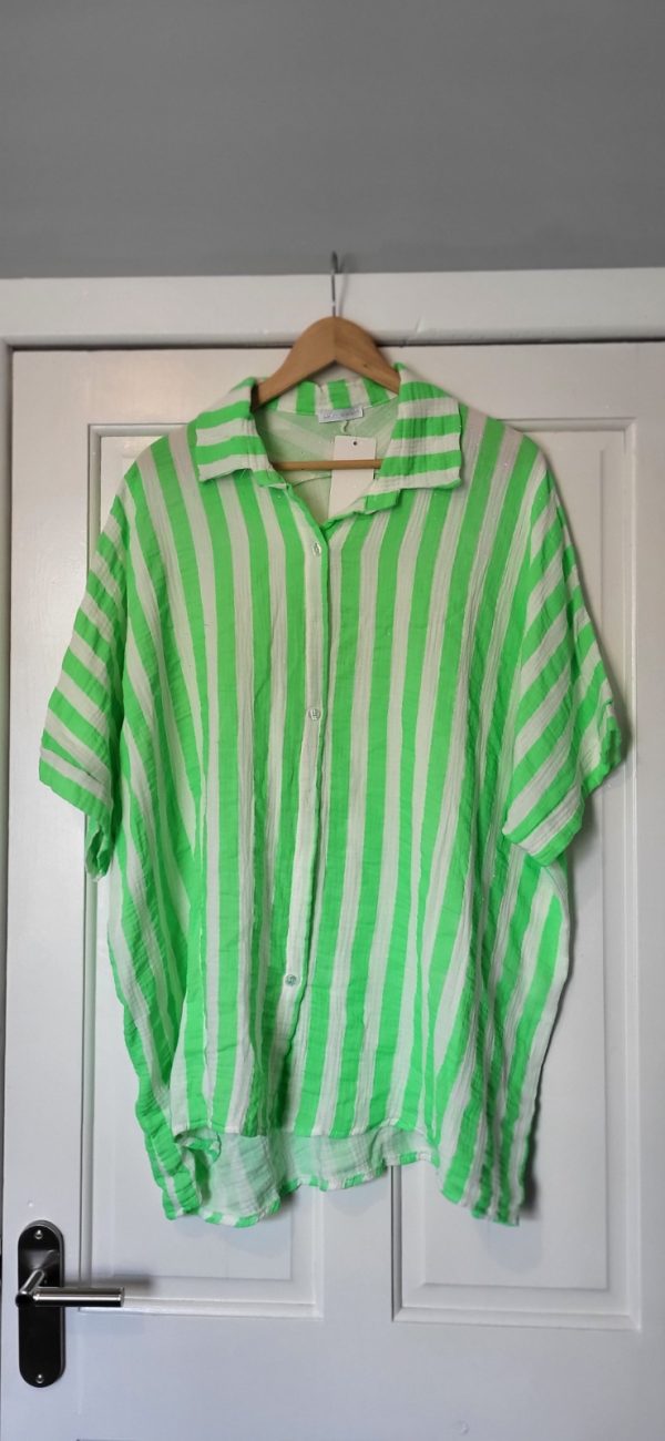 New Green and White Stripe Button Up Shirt One Size fits sizes 18 20 22 24