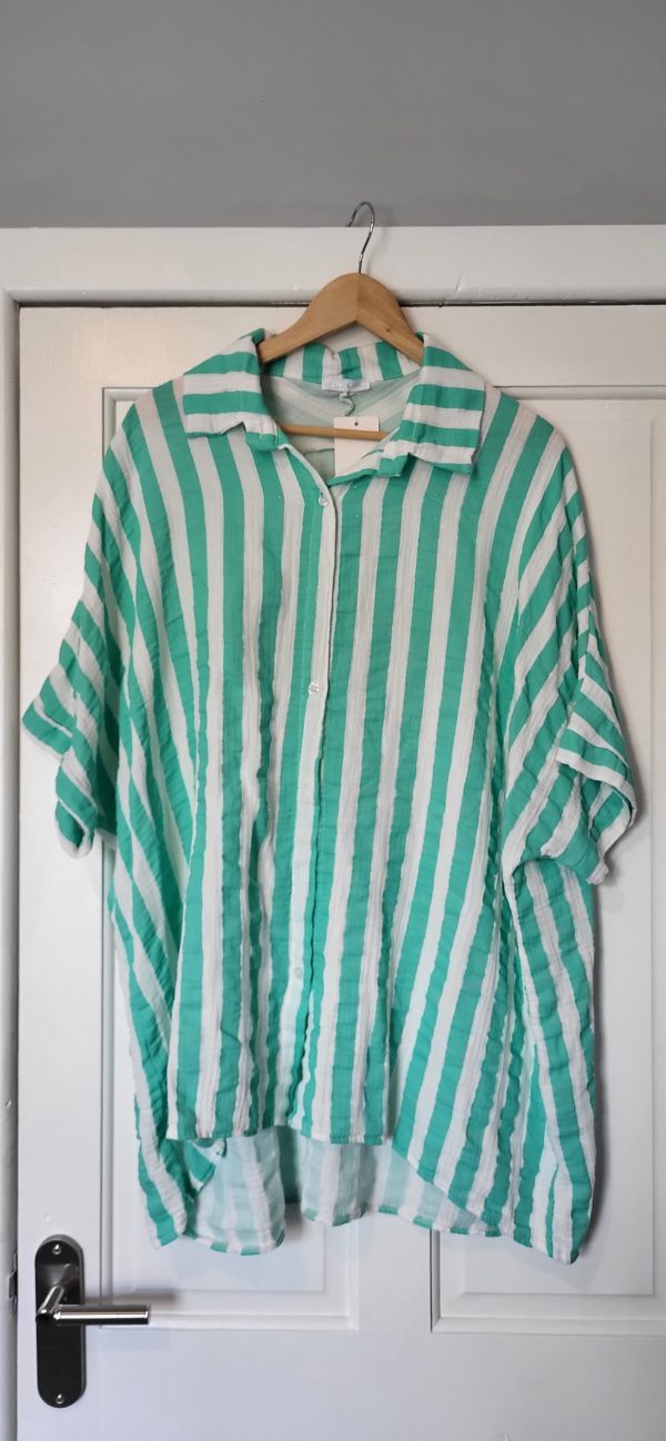 New Teal and White Stripe Button Up Shirt One Size fits sizes 18 20 22 24