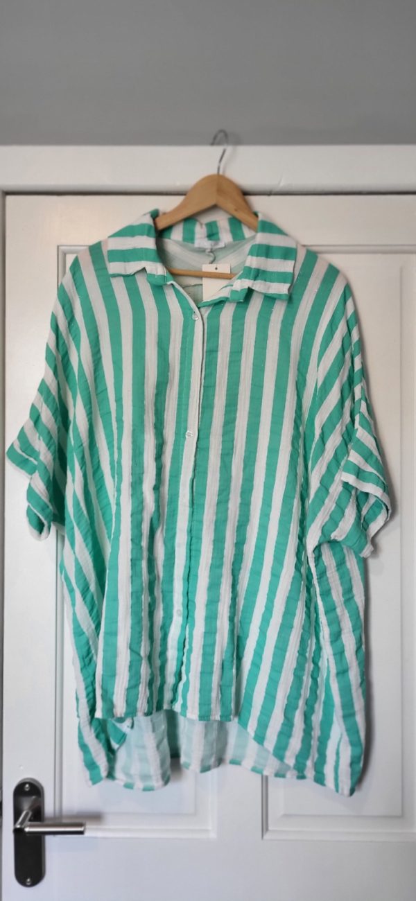 New Teal and White Stripe Button Up Shirt One Size fits sizes 18 20 22 24 - Image 2