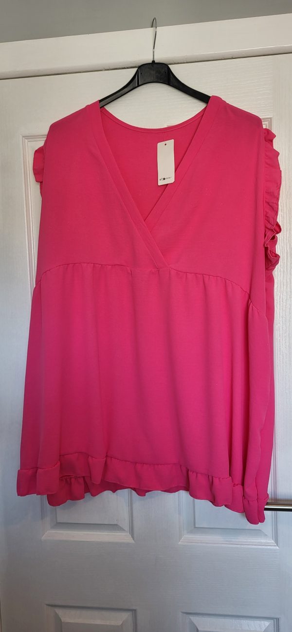 New Ladies Cerise V Neck Frill Top One Size fits sizes 18 20 22