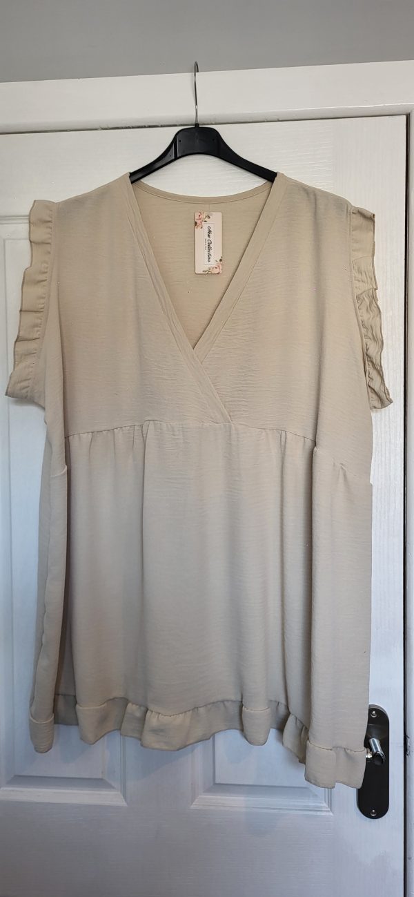 New Ladies Beige V Neck Frill Top One Size fits sizes 18 20 22