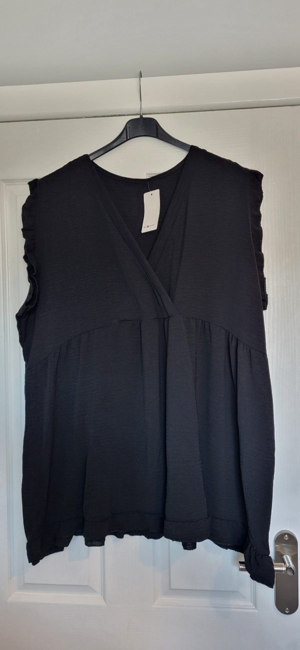 New Ladies Black V Neck Frill Top One Size fits sizes 18 20 22