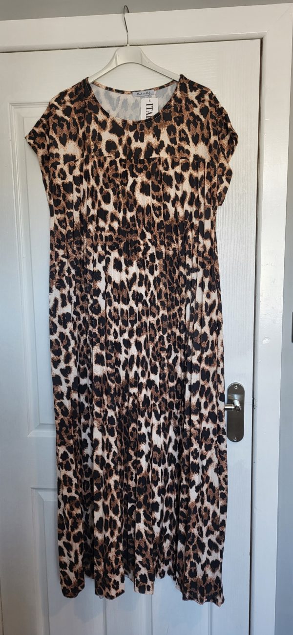 New Ladies Brown Leopard Print Pleated Maxi Dress One Size fits sizes 14 16 18 20