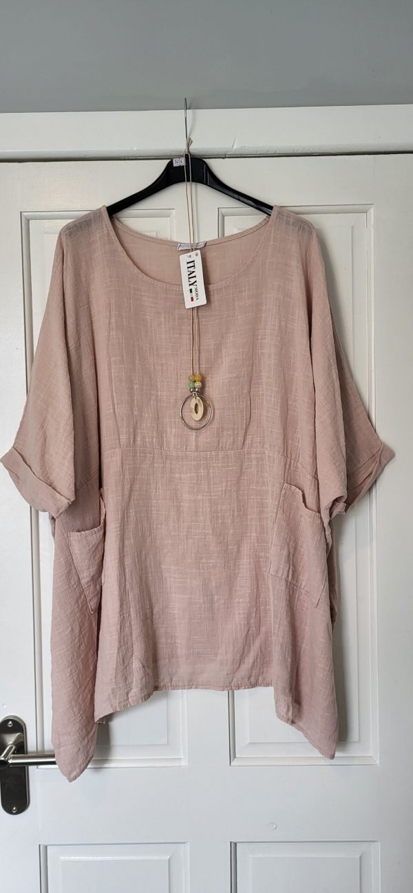 New Ladies Pocket Dusky Pink Plus Size 100% Cotton Top One Size fits sizes 22 24 26 28