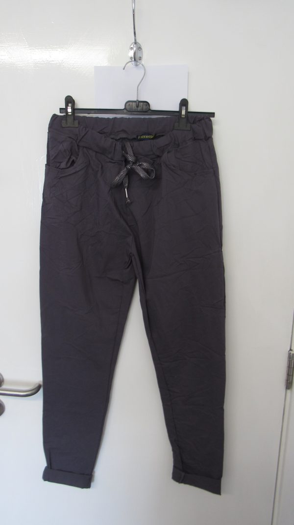 NEW Ladies Charcoal Stretchy Crinkle Magic Trousers One Size Fits 10 12 14 16