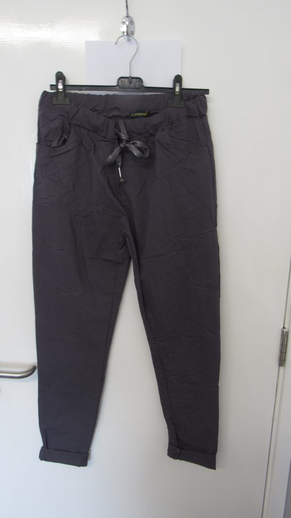 NEW Ladies Charcoal Stretchy Crinkle Magic Trousers One Size Fits 10 12 14 16 - Image 2