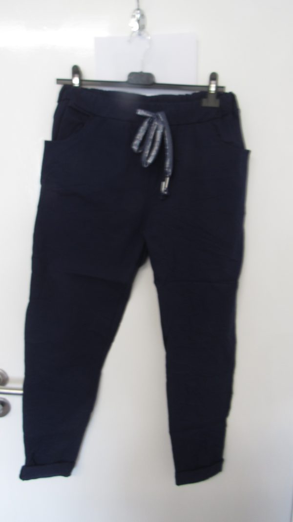 NEW Ladies Navy Blue Stretchy Crinkle Magic Trousers One Size Fits 10 12 14 16
