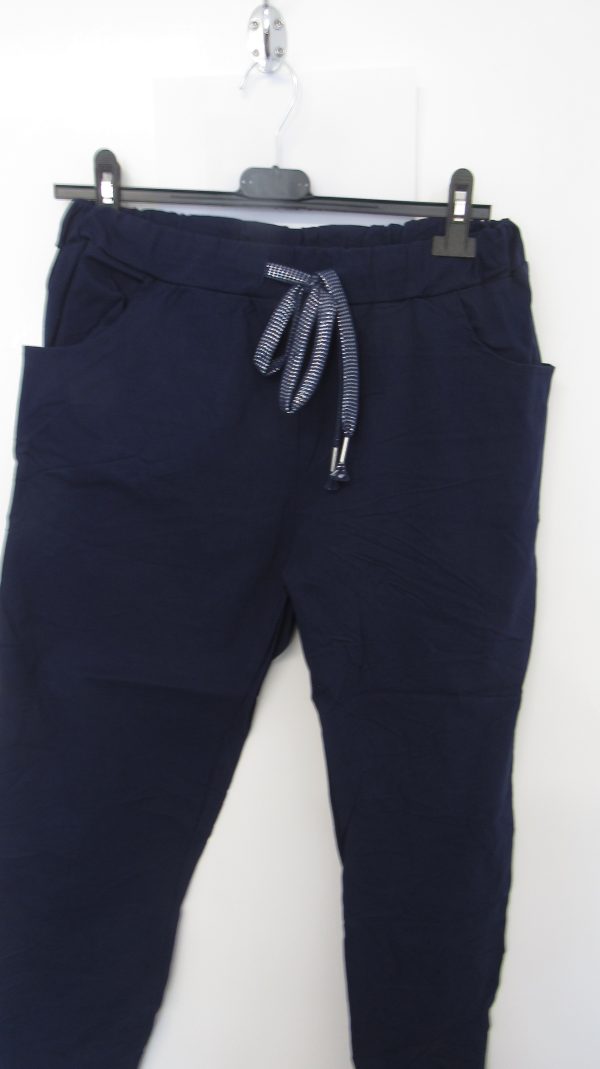 NEW Ladies Navy Blue Stretchy Crinkle Magic Trousers One Size Fits 10 12 14 16 - Image 2