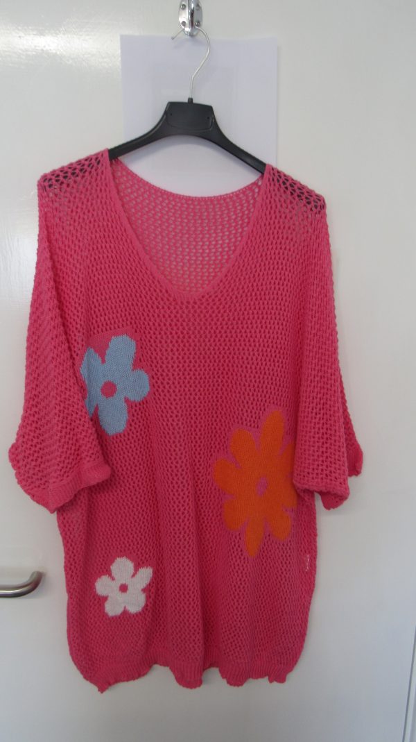 New Ladies Cerise Pink Floral Crochet V Neck Summer Top Size 16 - Image 2
