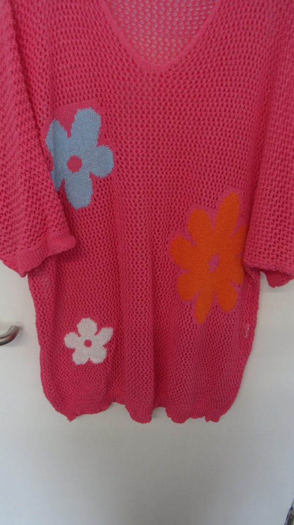 New Ladies Cerise Pink Floral Crochet V Neck Summer Top Size 16 - Image 3