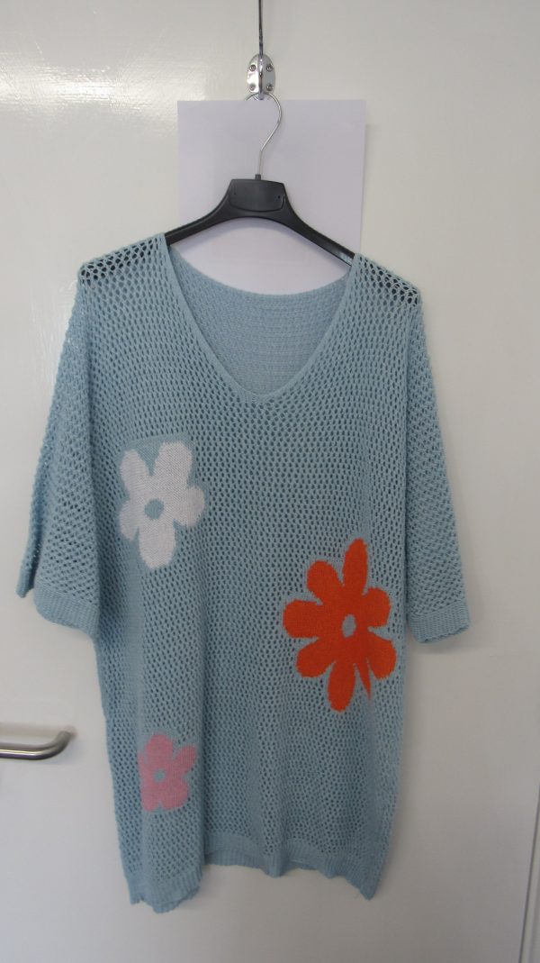New Ladies Light Blue Floral Crochet V Neck Summer Top Size 16