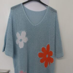 New Ladies Light Blue Floral Crochet V Neck Summer Top Size 16